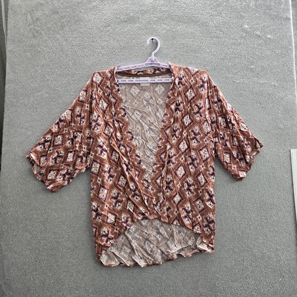Knox Rose Women Blouse XL/XXL Brown Geometric Kimono V-Neck Open Front